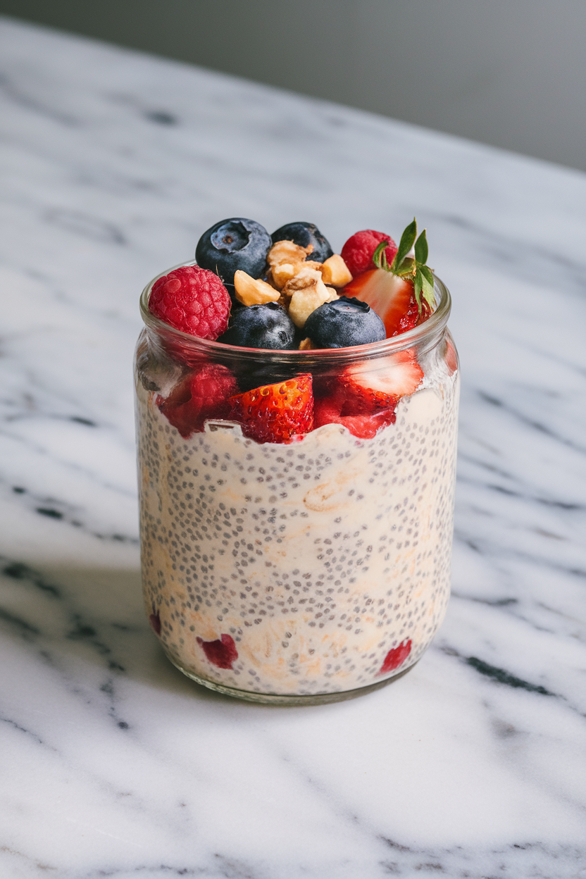 Photo taken indoors of a glass jar layered with overnight oats, chia seeds, and mixed berries on a marble countertop; no text or logos in view.