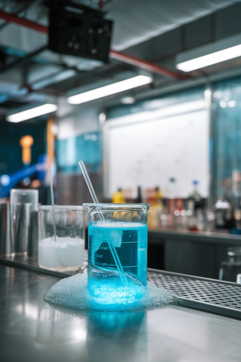 Indoor science-lab themed bar with beaker of neon blue tonic, glass straw, and a small bubbly reaction at the surface. No logos or text visible. Photo, not illustration.