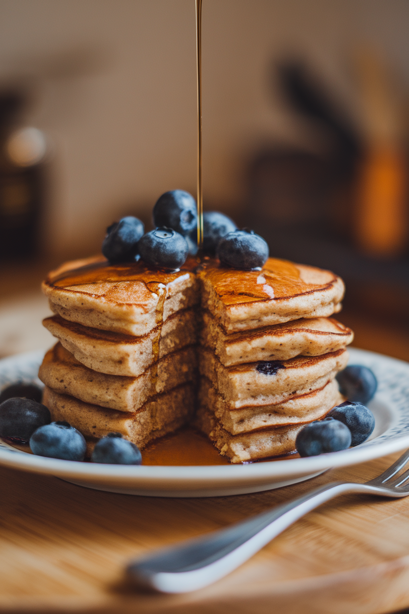 Indoor photo of buckwheat pancakes dotted with blueberries and a light drizzle of maple syrup on a rustic plate. Warm breakfast lighting, no text or logos.