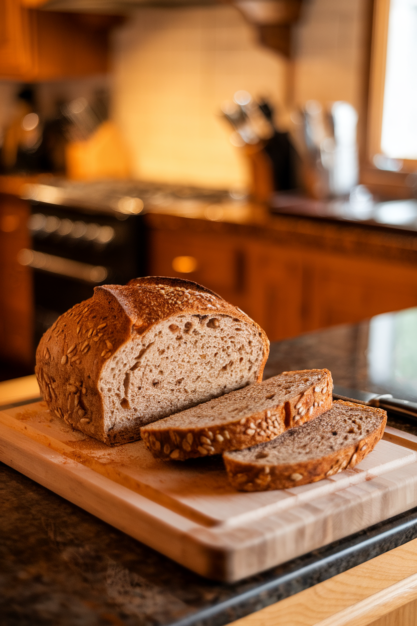 Indoor photo of sliced whole-grain loaf on a cutting board with visible seeds; warm kitchen lighting, no text or logos