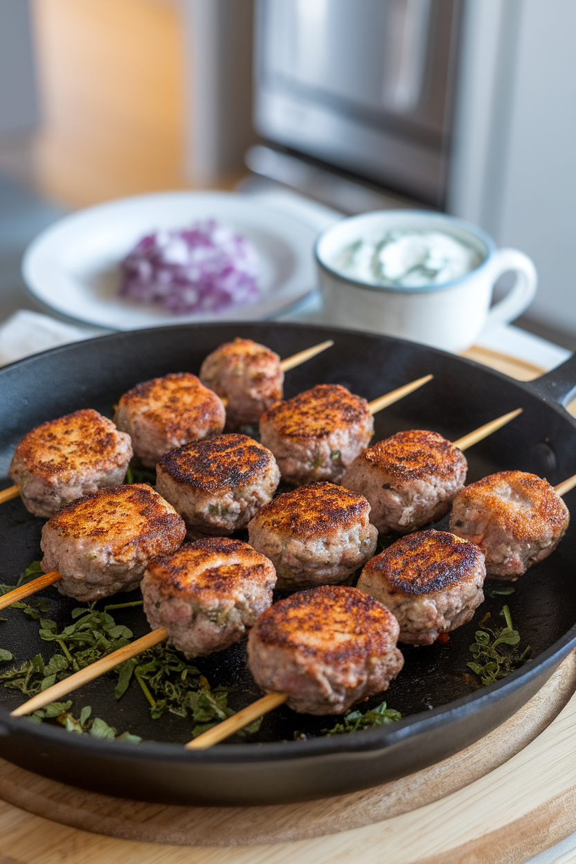 Photo, indoor skillet showing browned lamb kofta skewers, side cup of tzatziki; no text or logos.