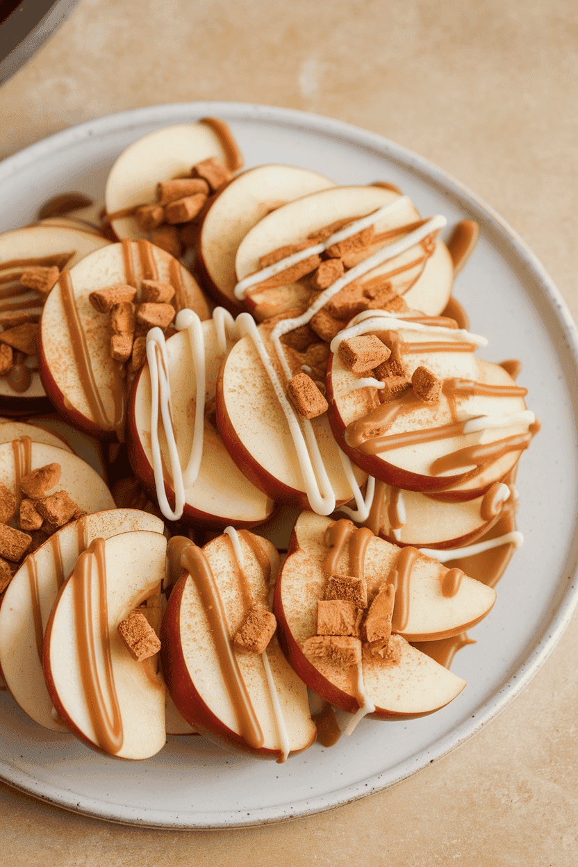 Indoor platter of thin apple slices drizzled with caramel and white chocolate, topped with crushed cinnamon candies. No text or logos.