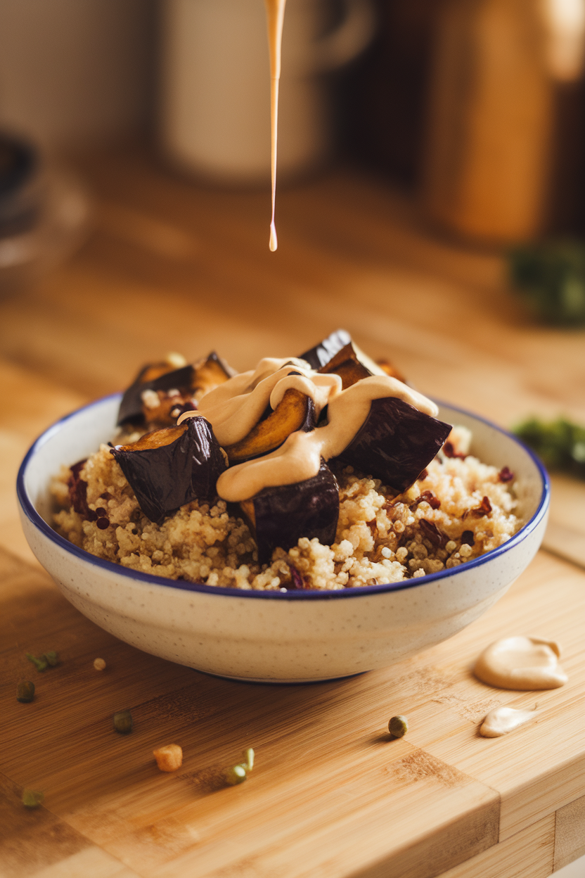 Indoor countertop with a bowl of quinoa mixed with roasted eggplant cubes and a creamy tahini drizzle; no text or logos.