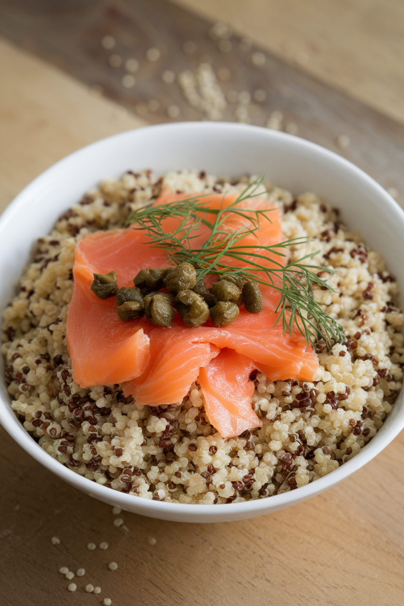 Indoor photo featuring a bowl of quinoa topped with flakes of cooked smoked salmon, fresh dill sprigs, and capers; no logos or text.