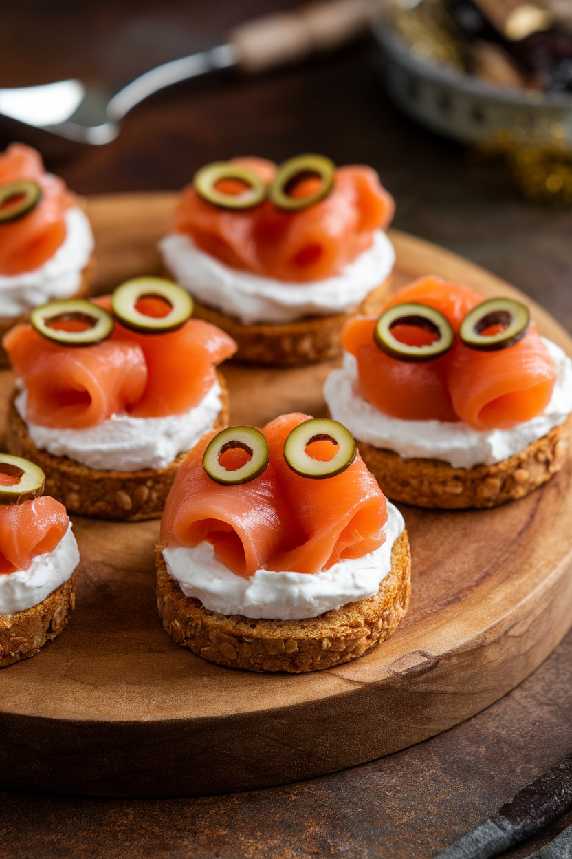 Photo of mini buckwheat blinis topped with whipped cream cheese and smoked salmon cut into pumpkin shapes, olive sliver eyes, indoor setting. No text or logos.