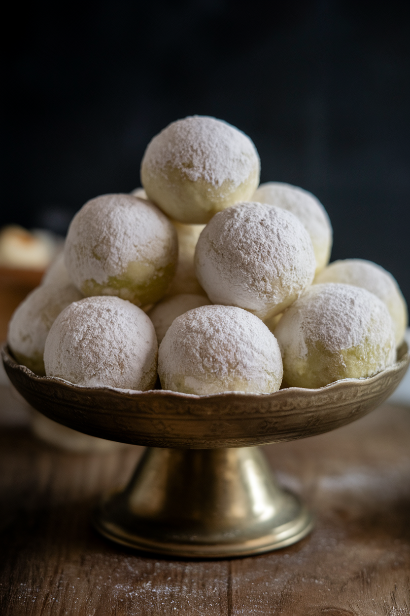 An indoor serving dish piled with honeydew balls dusted lightly with powdered sugar, giving a ghostly white finish. No text or logos.