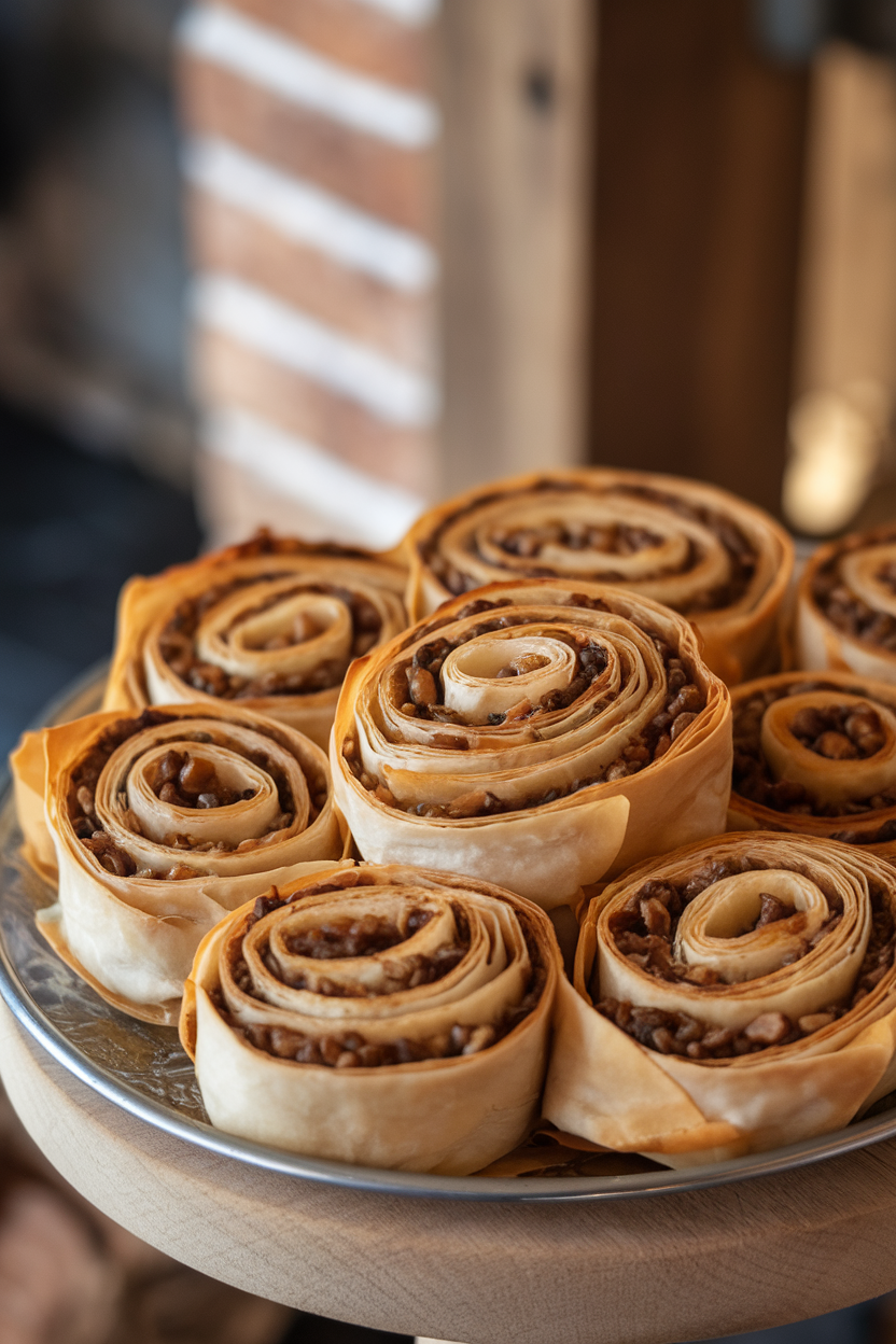 Photo of spiral phyllo börek slices on a platter indoors, mushroom filling visible in layers; no text or logos.