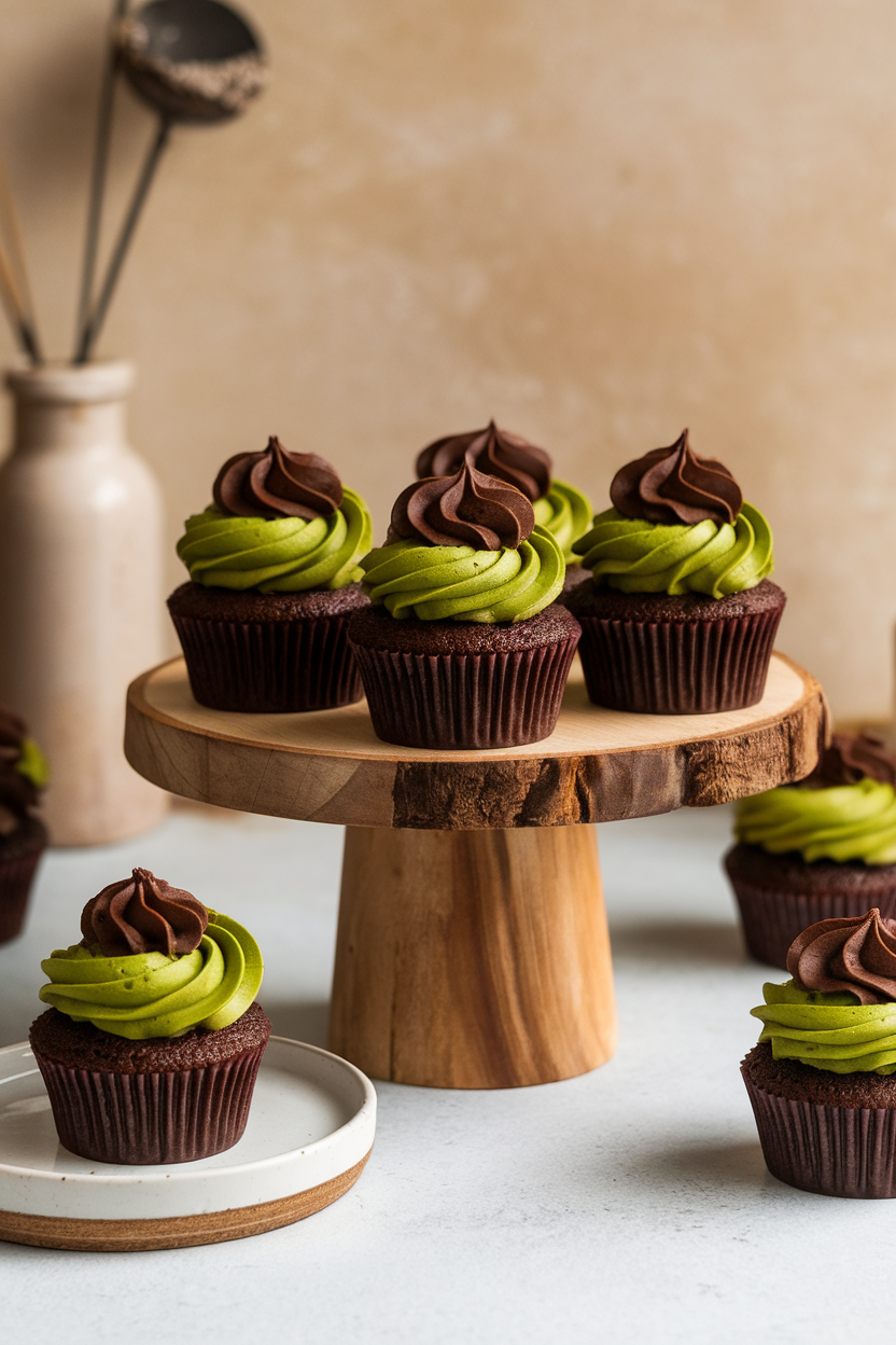 Photo of bright green matcha cupcakes with black cocoa frosting swirls, indoor scene, no logos or text.