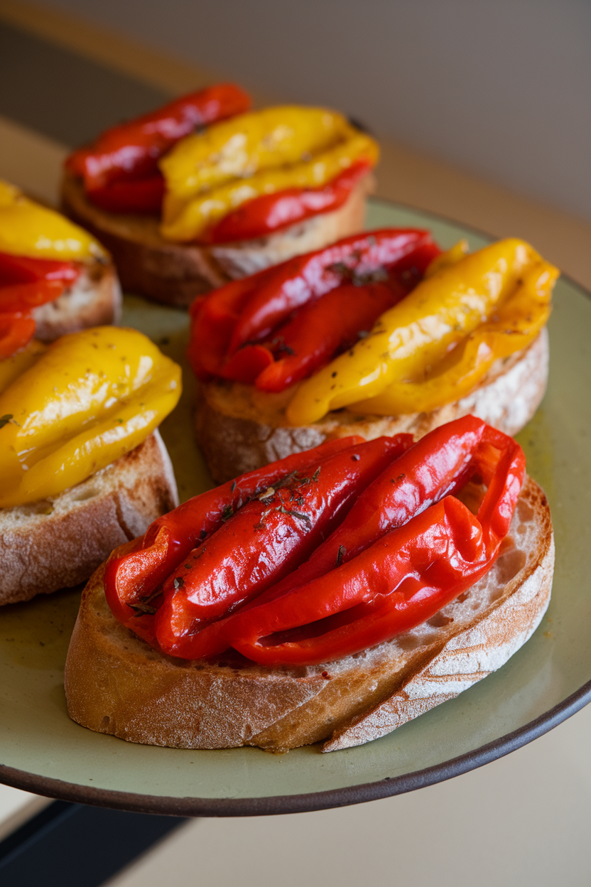 Photo of toasted bread slices topped with stewed red and yellow peppers, glistening with olive oil on an indoor plate; no text or logos.