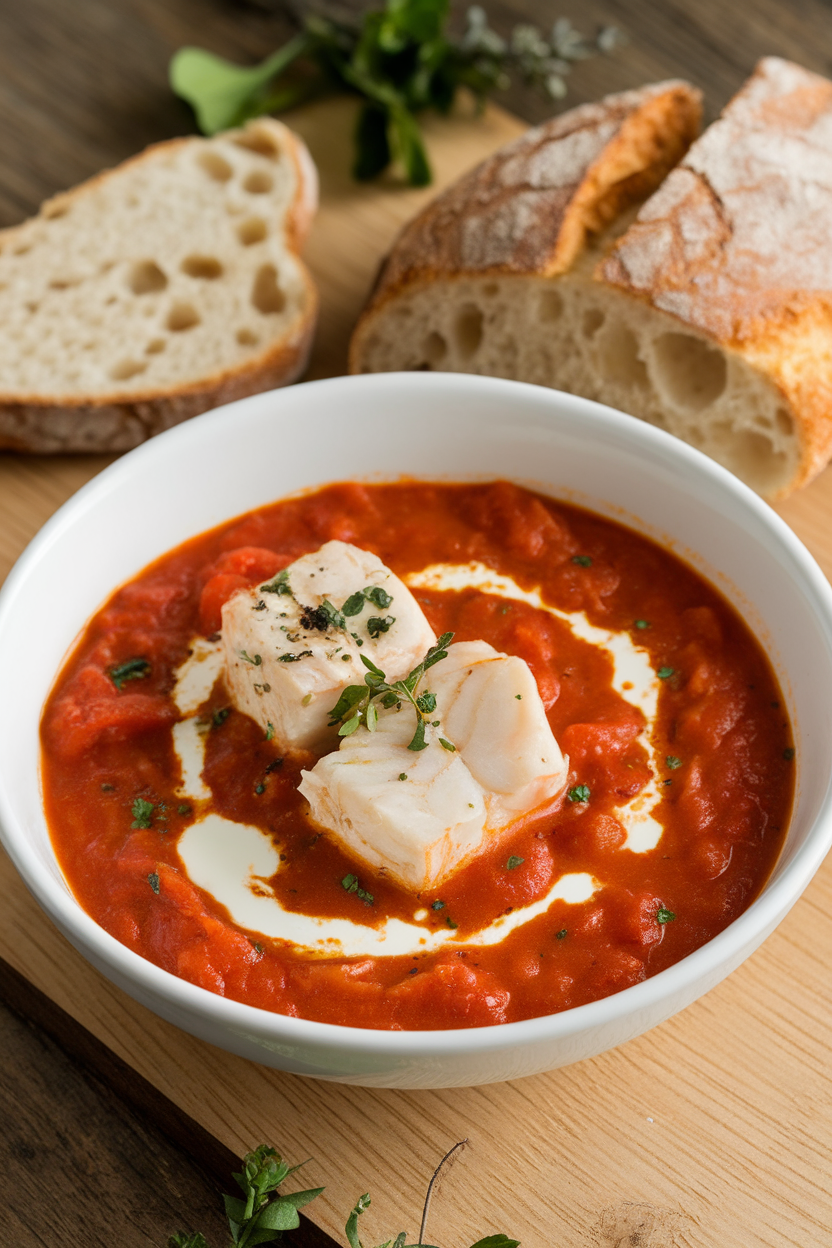 Indoor bowl of chunky tomato stew with cod pieces and a swirl of cream on top, crusty bread nearby. No text or logos.