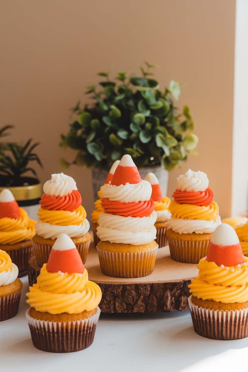 A brightly lit indoor scene featuring cupcakes iced in three stacked rings of yellow, orange, and white buttercream resembling candy corn, no text or logos present.