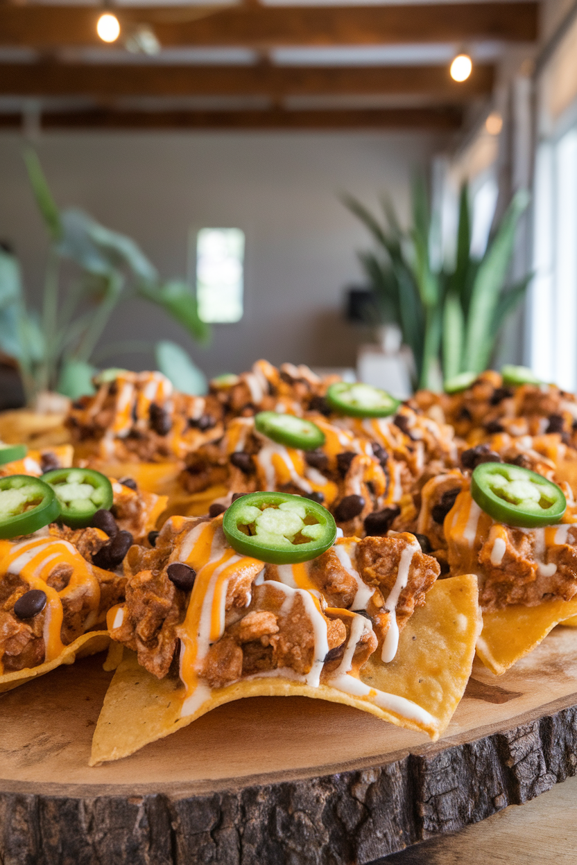 An indoor game-day spread of baked tortilla chips topped with chili lime chicken, black beans, melted cheese, and jalapeños. No logos or text; photo only.