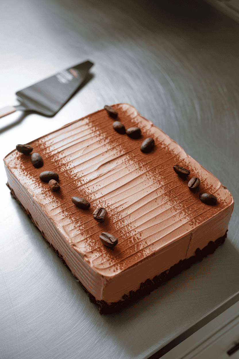 An indoor countertop displaying a frosted chocolate sheet cake with a light dusting of cocoa powder and a few coffee beans for garnish. No text or logos. Photo only.