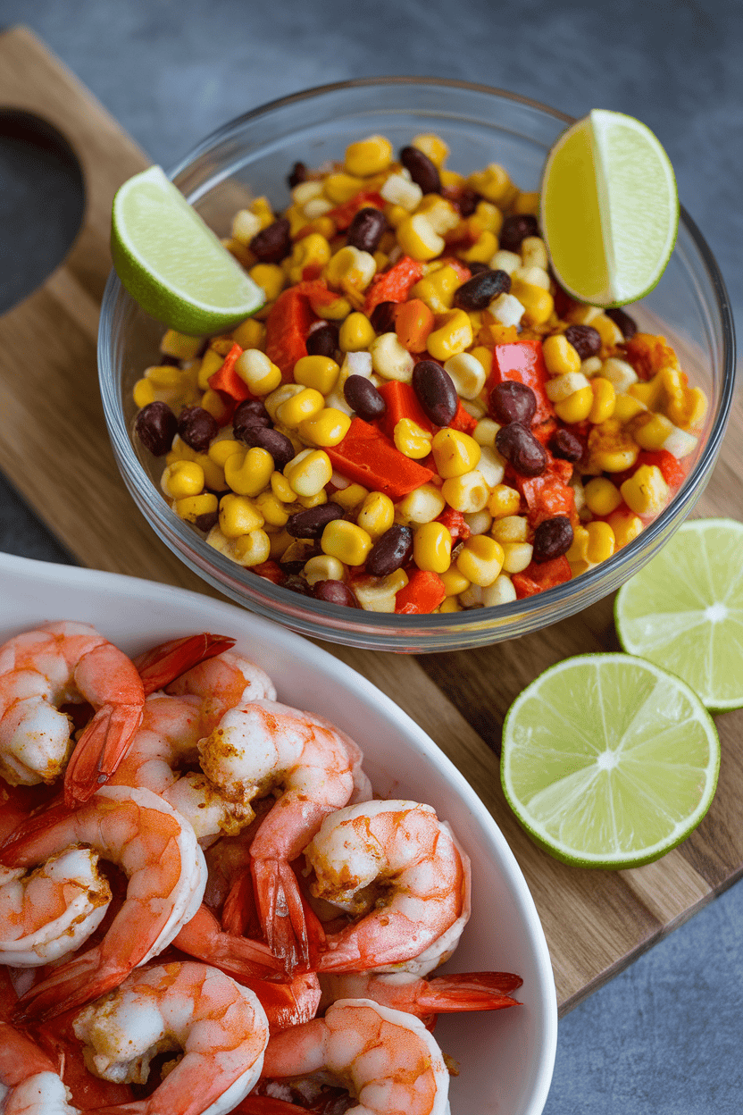 Indoor photo of cooked chipotle-spiced shrimp beside a corn, black bean, and red pepper salad with lime wedges; no text or logos.