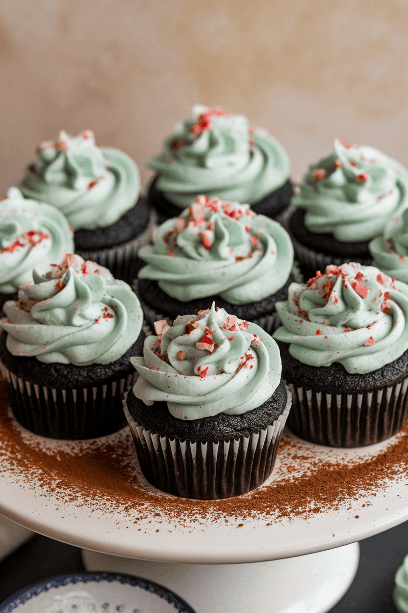 Indoor photo of black cocoa cupcakes with pale mint frosting swirled to look like fog, sprinkled with crushed peppermint candy; no text or logos