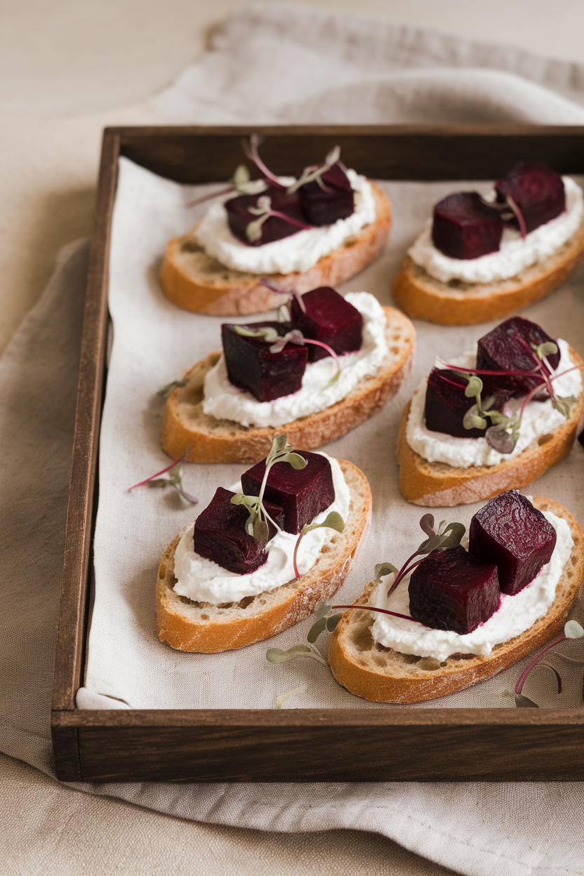 An indoor tray holding baguette slices topped with whipped goat cheese and ruby-red roasted beet cubes, microgreens scattered lightly. No logos or text. Photo only.