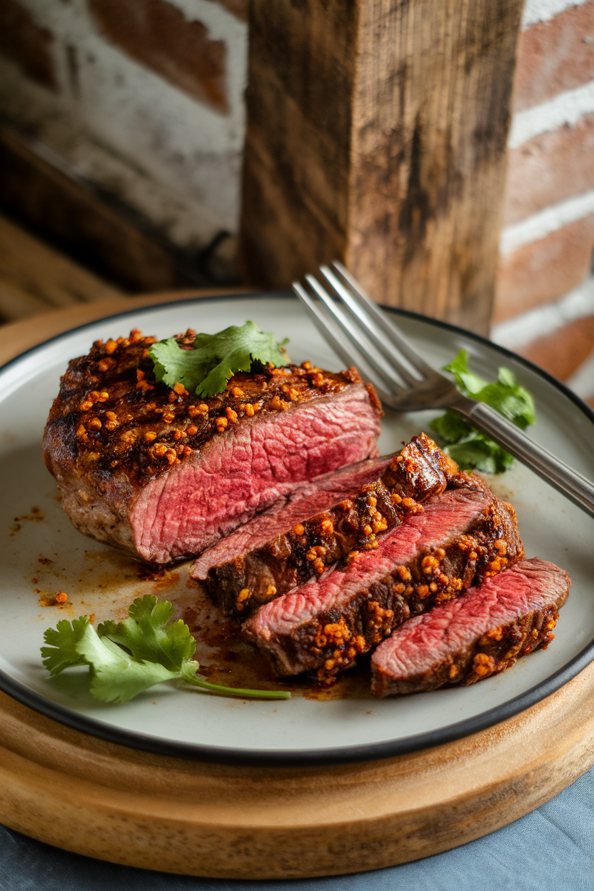 Sliced medium-rare steak with chili-lime rub, garnished with cilantro, plated indoors. No text or logos. Photo.