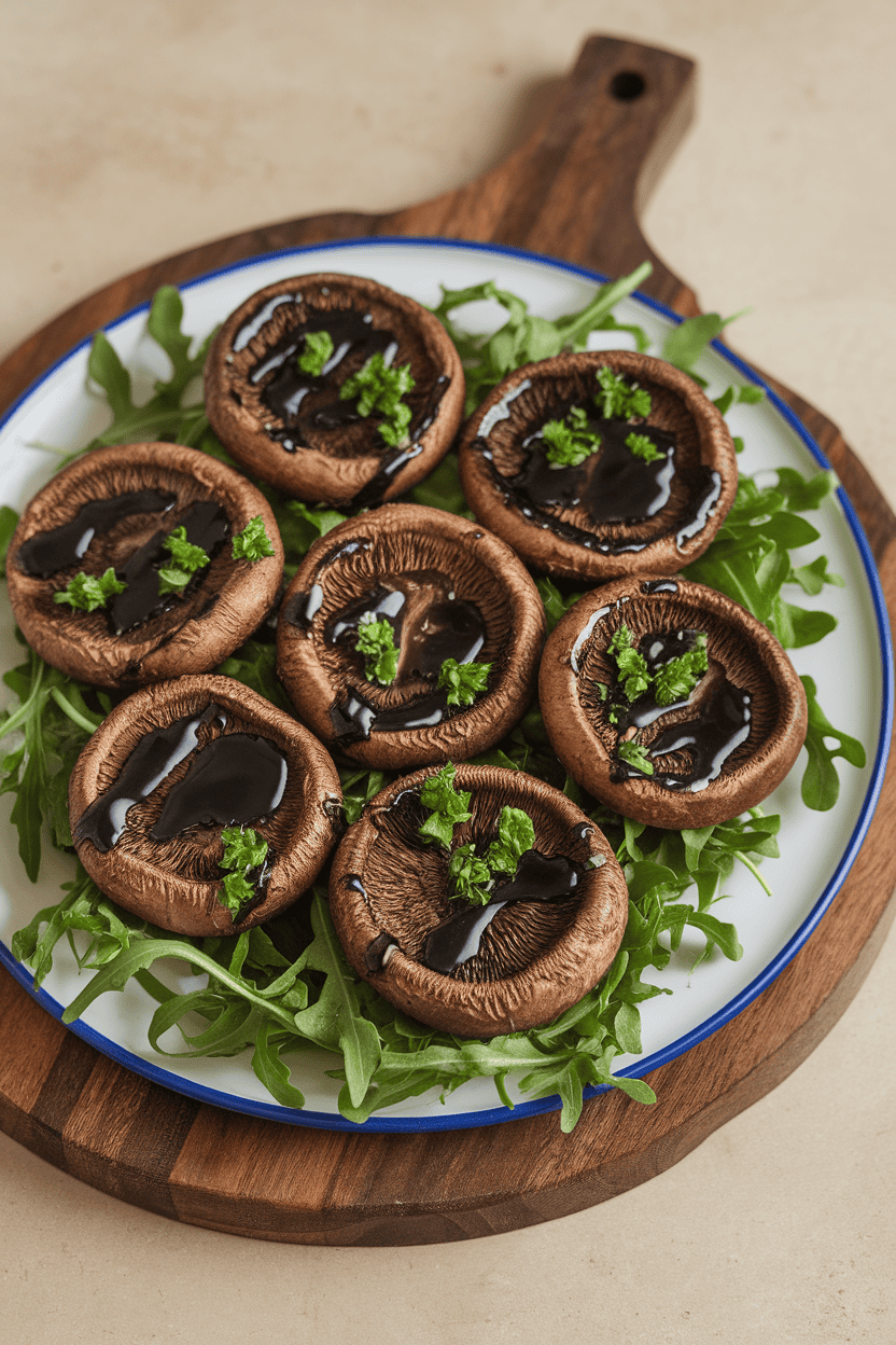 An indoor serving platter holding cooked portobello mushroom caps brushed with balsamic glaze, garnished with chopped parsley. No text or logos; photo only.