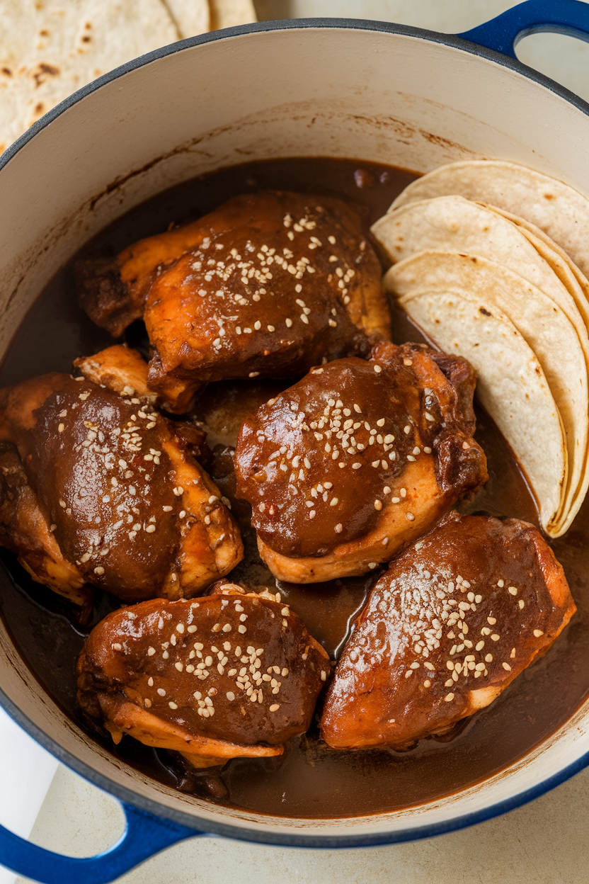 Indoor Dutch oven containing dark reddish mole chicken pieces garnished with sesame seeds, served with warm tortillas on the side. No text or logos.