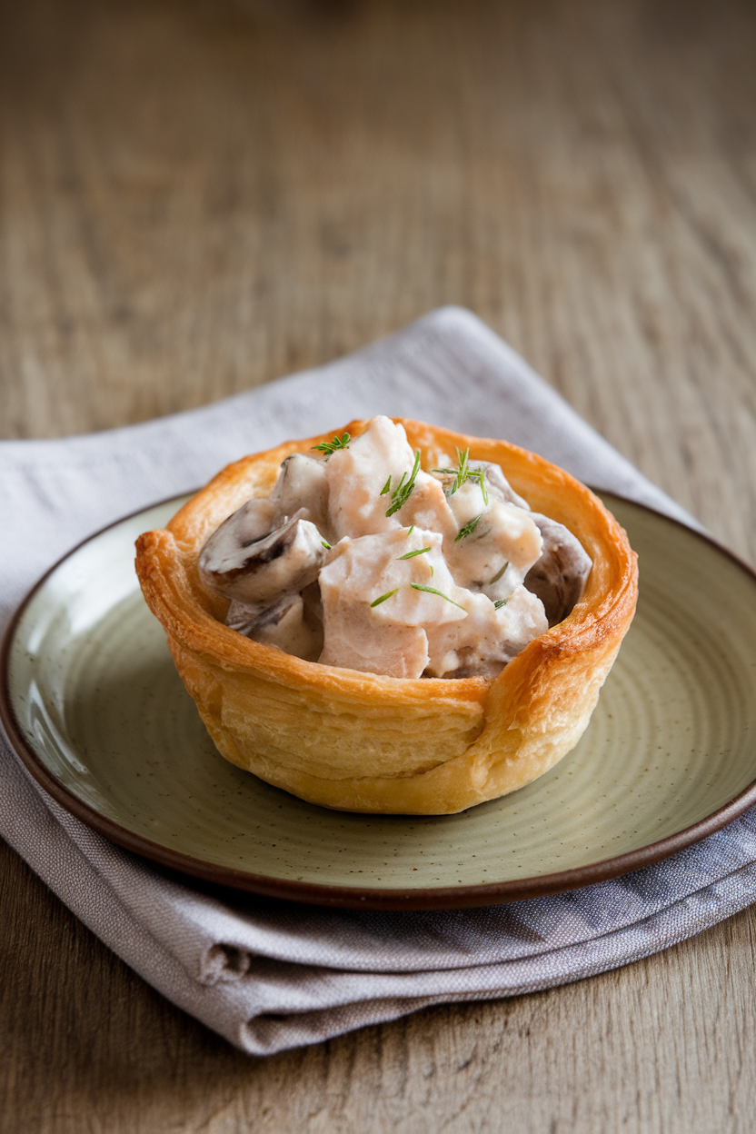 Indoor photo of puff pastry cup filled with creamy cod and mushroom mixture, plate resting on linen napkin. No text or logos.