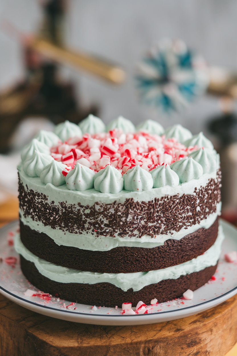 Indoor photo of a dark chocolate cake with white mint frosting layers and crushed peppermint candies sprinkled on top. No text or logos.