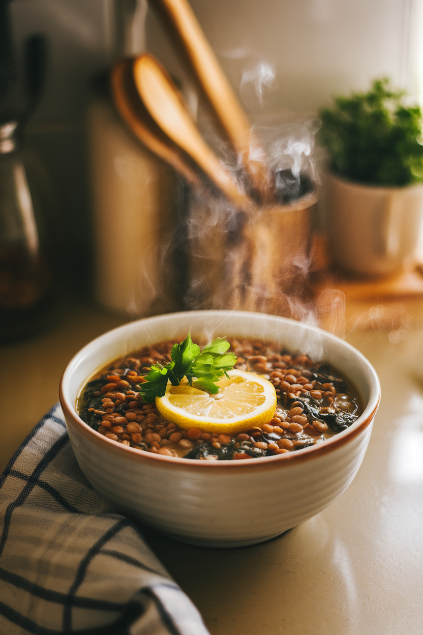Indoor photo of a steaming bowl of lentil and spinach soup on a kitchen counter, garnished with a lemon slice and fresh parsley, no text or logos visible.