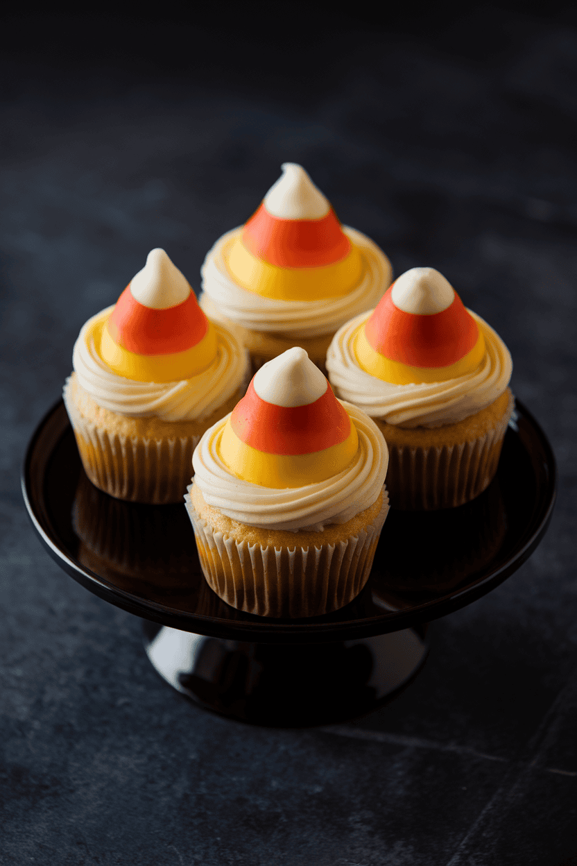 Indoor tabletop photo of vanilla cupcakes iced in three striped rings—yellow, orange, and white—mimicking candy corn, arranged on a black cake stand; soft overhead lighting, no text or logos