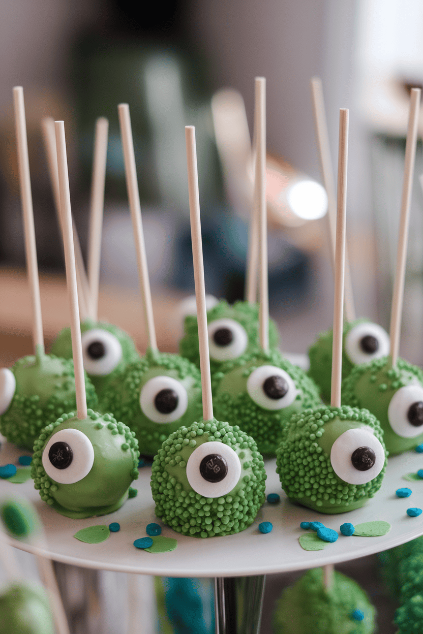 Green candy-coated cake pops each topped with a single oversized candy eye, scattered edible confetti “warts,” indoor setting, no text or logos. Photo.