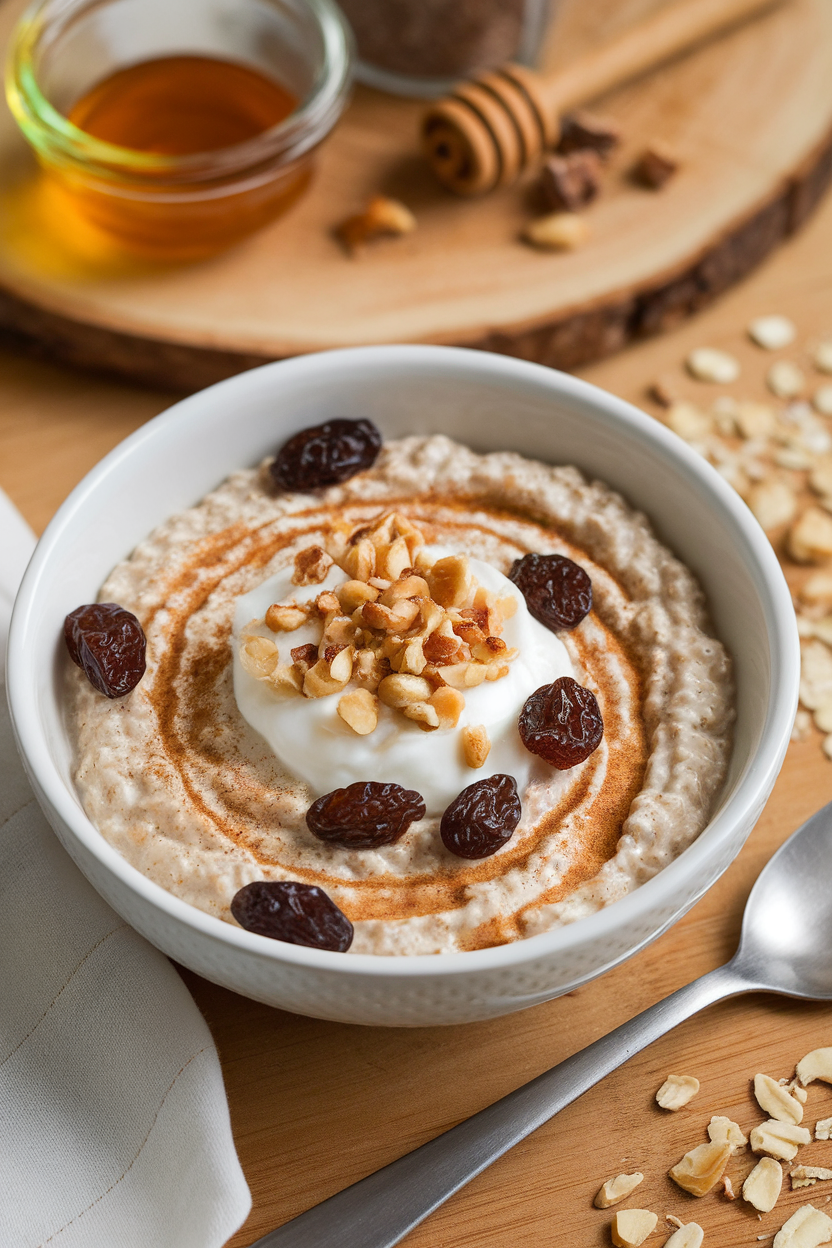 Indoor bowl of creamy oat bran cereal swirled with cinnamon and dotted with plump raisins, spoon resting nearby. No text or logos.