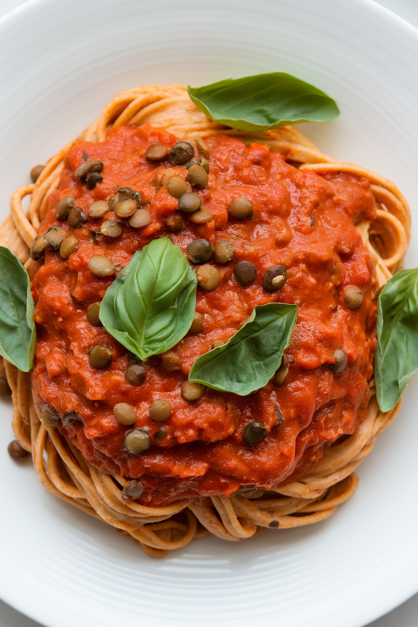 An indoor plate showing whole-wheat pasta coated in chunky tomato sauce with visible brown lentils and basil ribbons. No logos or text.