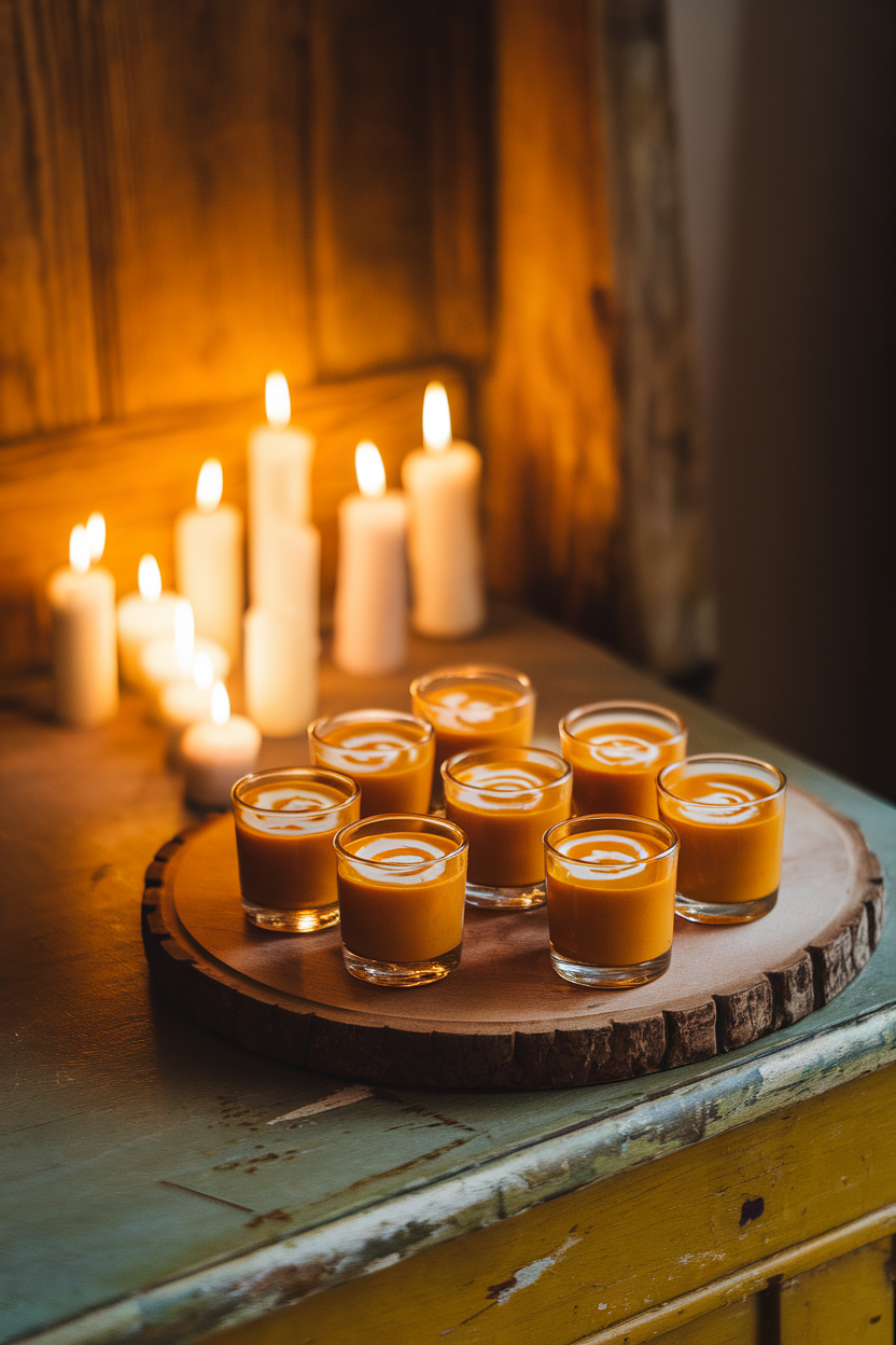 A wooden serving board in a candlelit indoor room holding several shot glasses of velvety orange pumpkin soup with a swirl of crème fraîche. No text or logos. Photo, not illustration.
