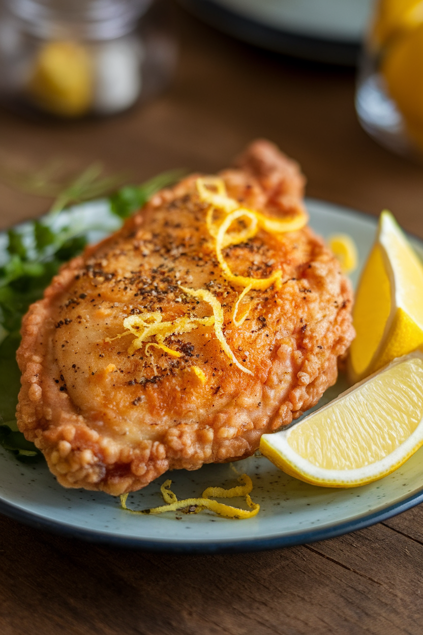 Indoor table with golden fried chicken breasts sprinkled generously with cracked black pepper and lemon zest, lemon wedges on the side, photo only, no text or logos