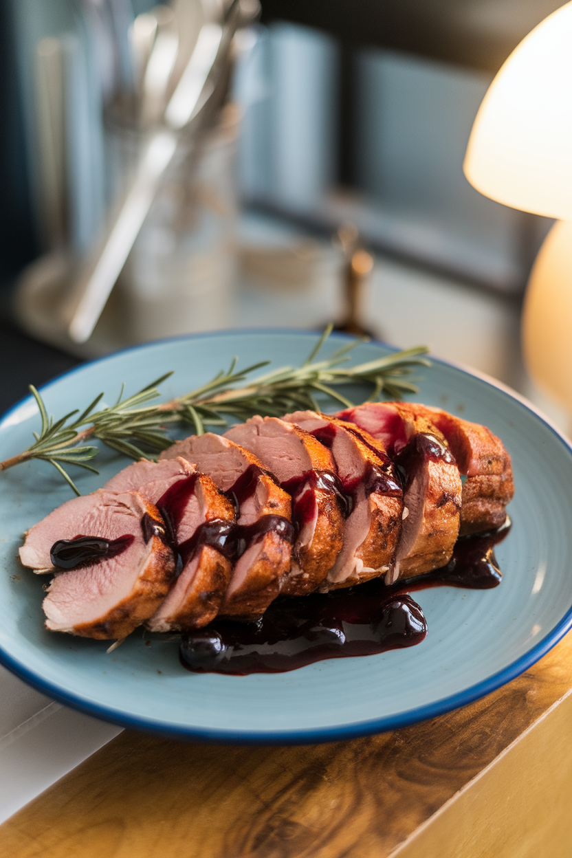Indoor photo of sliced seared duck breast with crispy skin, drizzled with dark cherry sauce, no text or logos. Photo only.