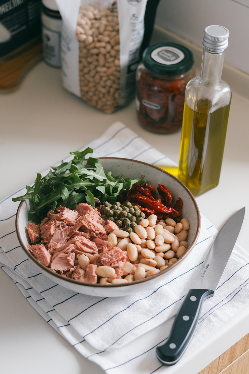 Indoor kitchen scene showing a bowl of cannellini beans, flaked canned tuna in olive oil, arugula, sun-dried tomatoes, and capers. No text or logos present.