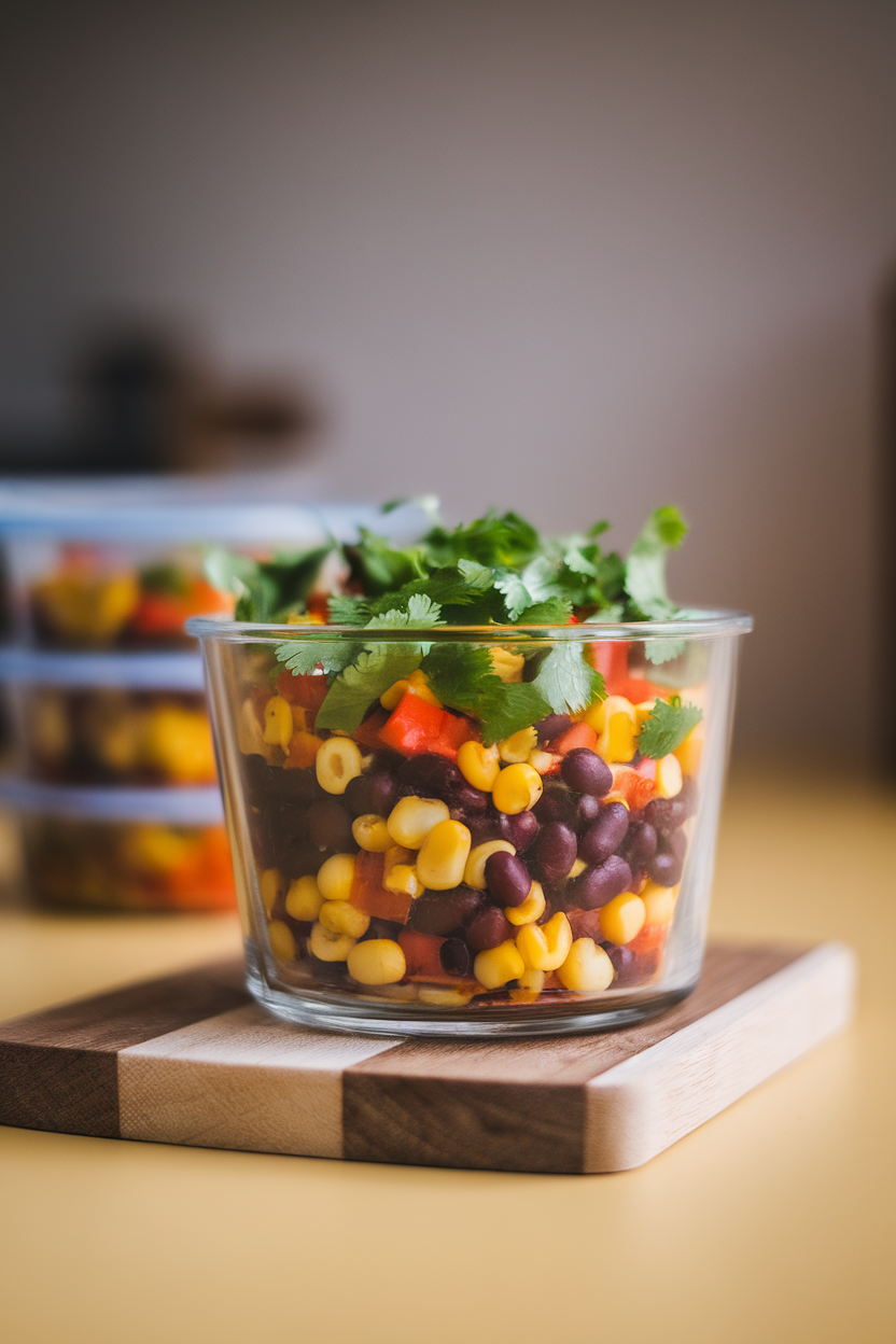 Photo of a glass meal prep container indoors featuring a colorful mix of black beans, corn, diced bell peppers, and cilantro. No text or logos.