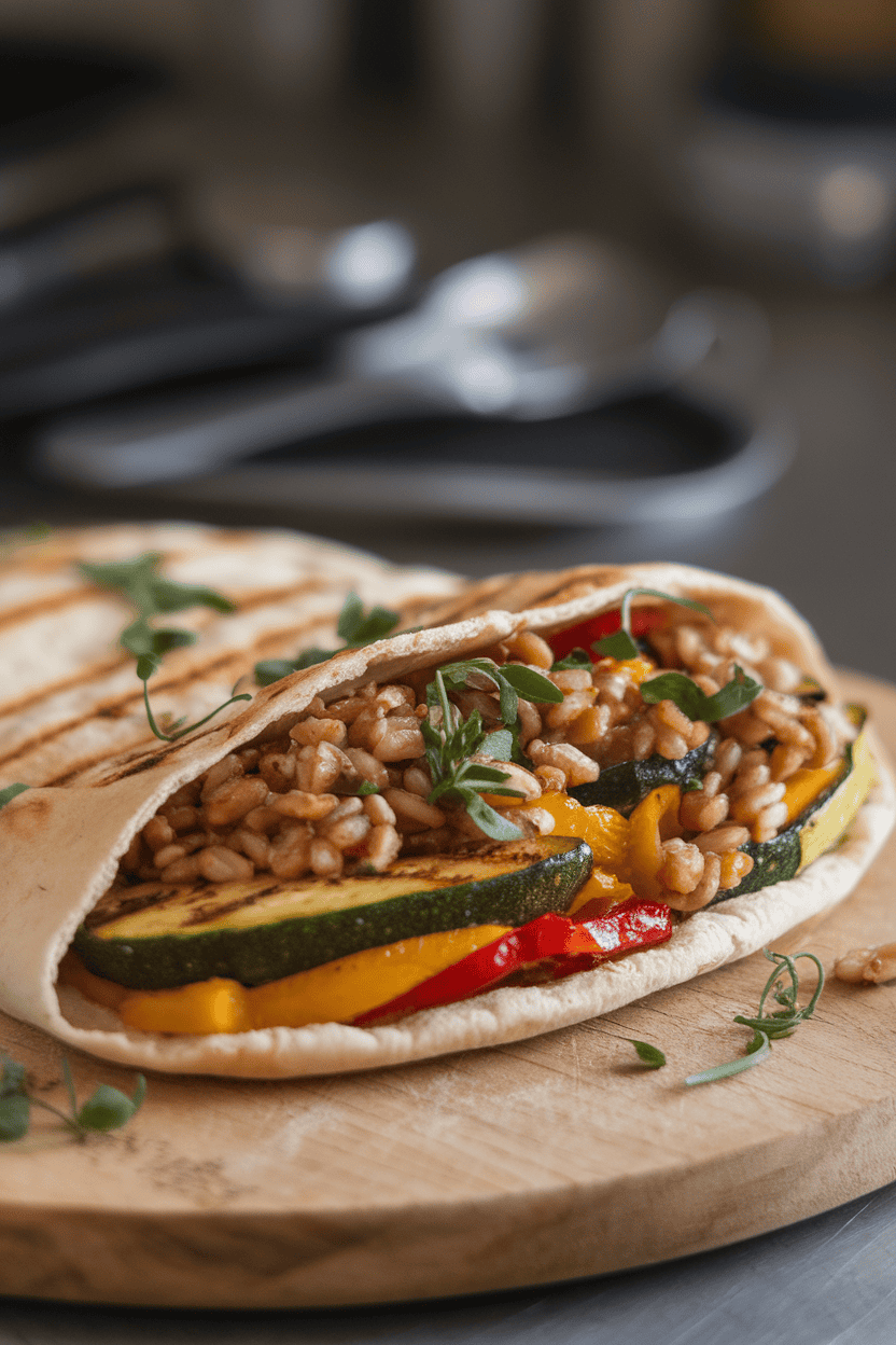 Indoor photo of a pita pocket overflowing with grilled zucchini, peppers, and farro, no text or logos.