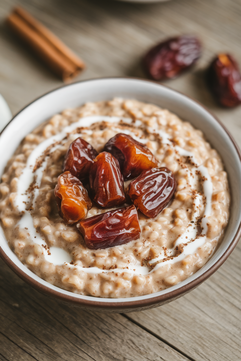 Indoor bowl of creamy barley porridge topped with chopped dates and a drizzle of almond milk. No text or logos.
