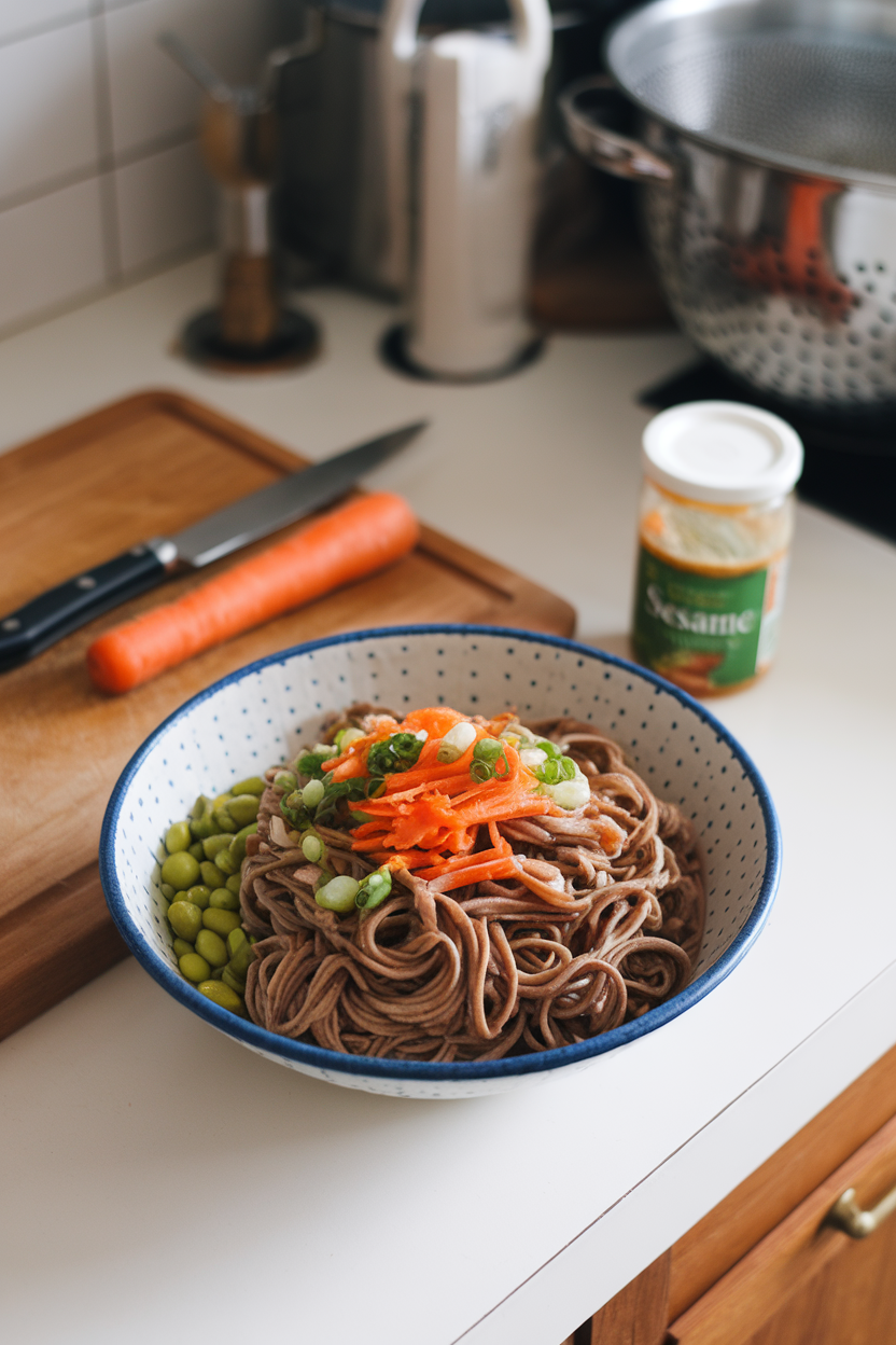 An indoor kitchen counter featuring a bowl of buckwheat soba noodles tossed with sesame dressing, edamame, shredded carrots, and scallions. No text or logos; photo only.