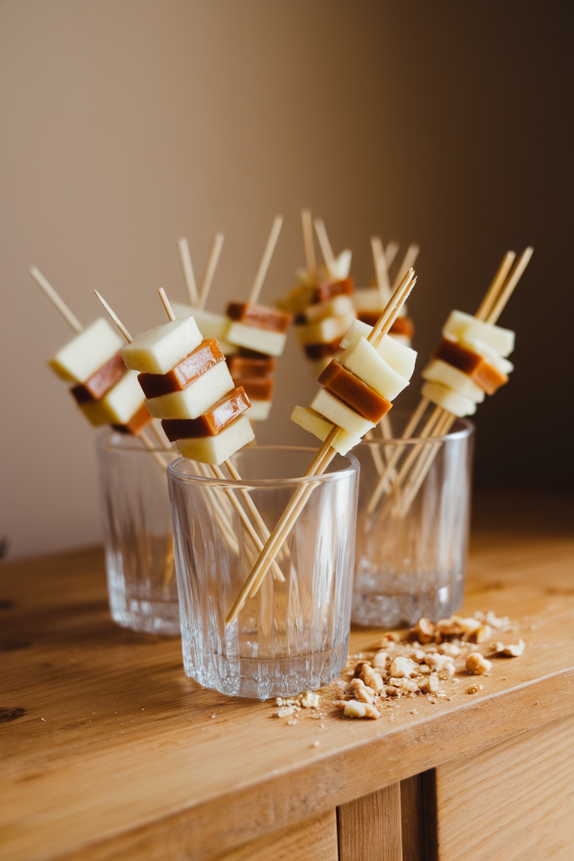 Clear glasses indoors holding short bamboo sticks threaded with alternating apple cubes and mini caramel squares, crushed nuts sprinkled nearby. No text or logos.