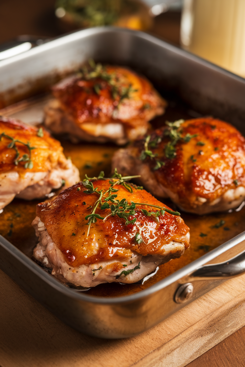 Indoor baking dish with browned chicken thighs coated in shiny honey-mustard glaze, herbs sprinkled on top. No text or logos.