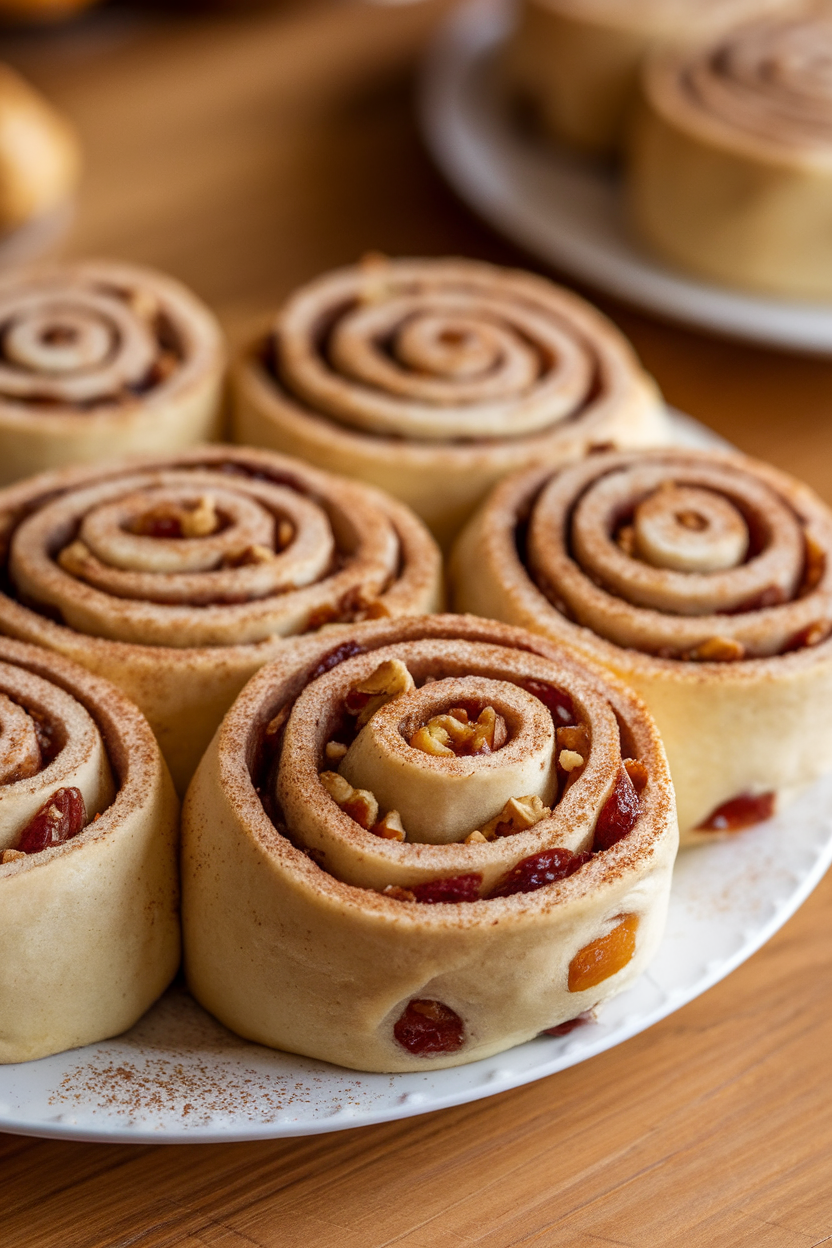 An indoor platter of spiraled date rolls dusted lightly with cinnamon, interior swirl showing chopped nuts and fruit. No text or logos.