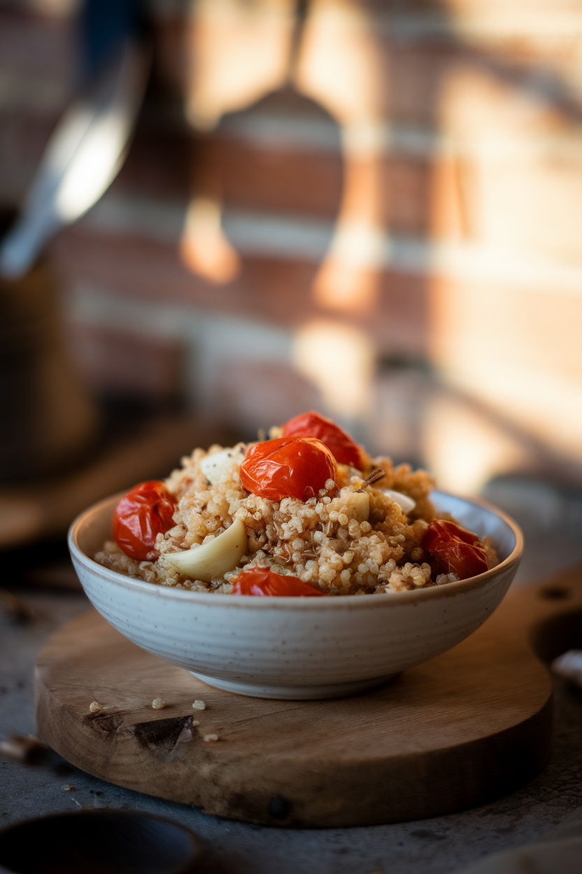 Soft indoor light on a bowl of quinoa tossed with slow-roasted garlic cloves and blistered cherry tomatoes; no text or logos.