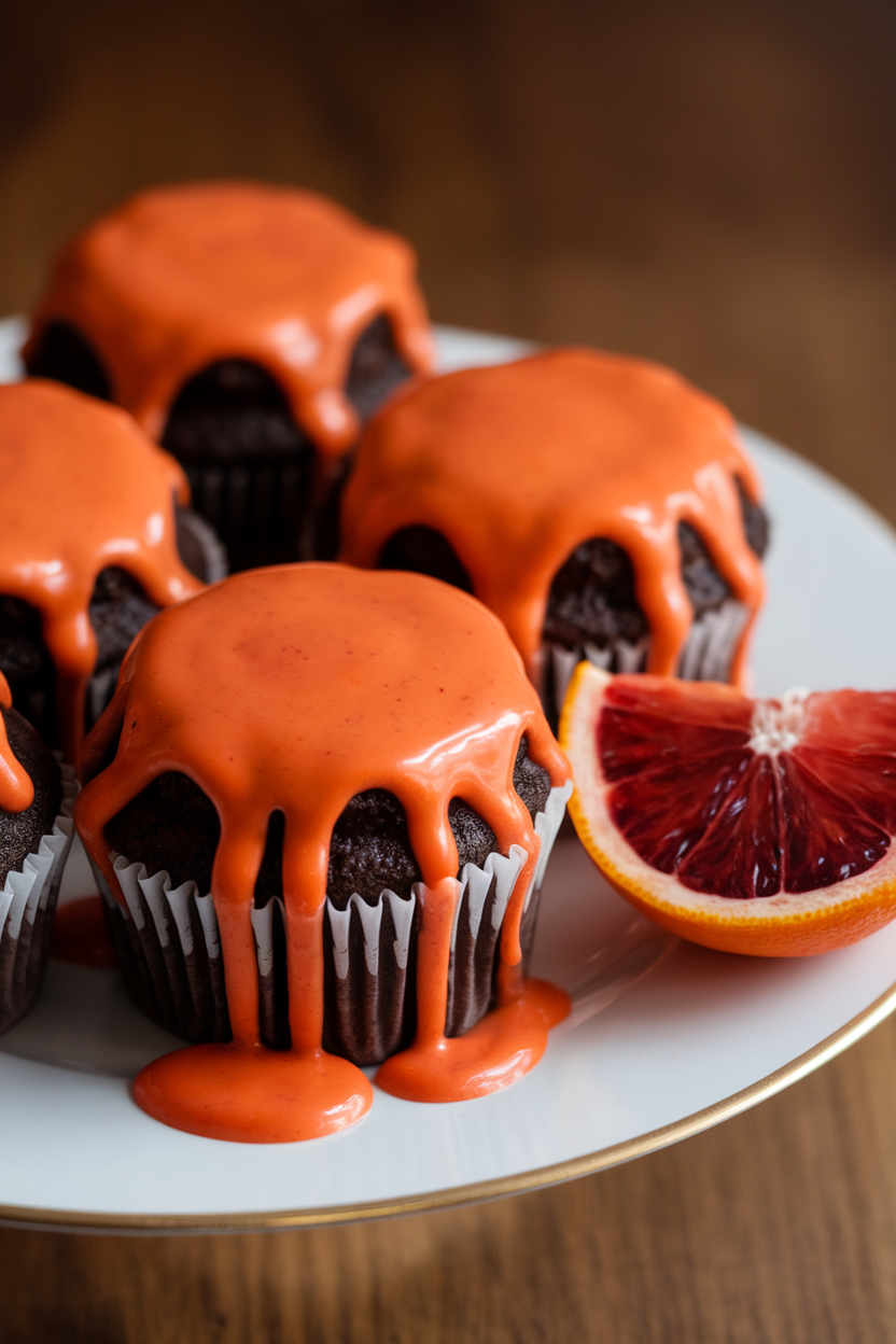 Indoor plating of chocolate cupcakes with bright red-orange glaze dripping down the sides, slice of blood orange beside, no text or logos.