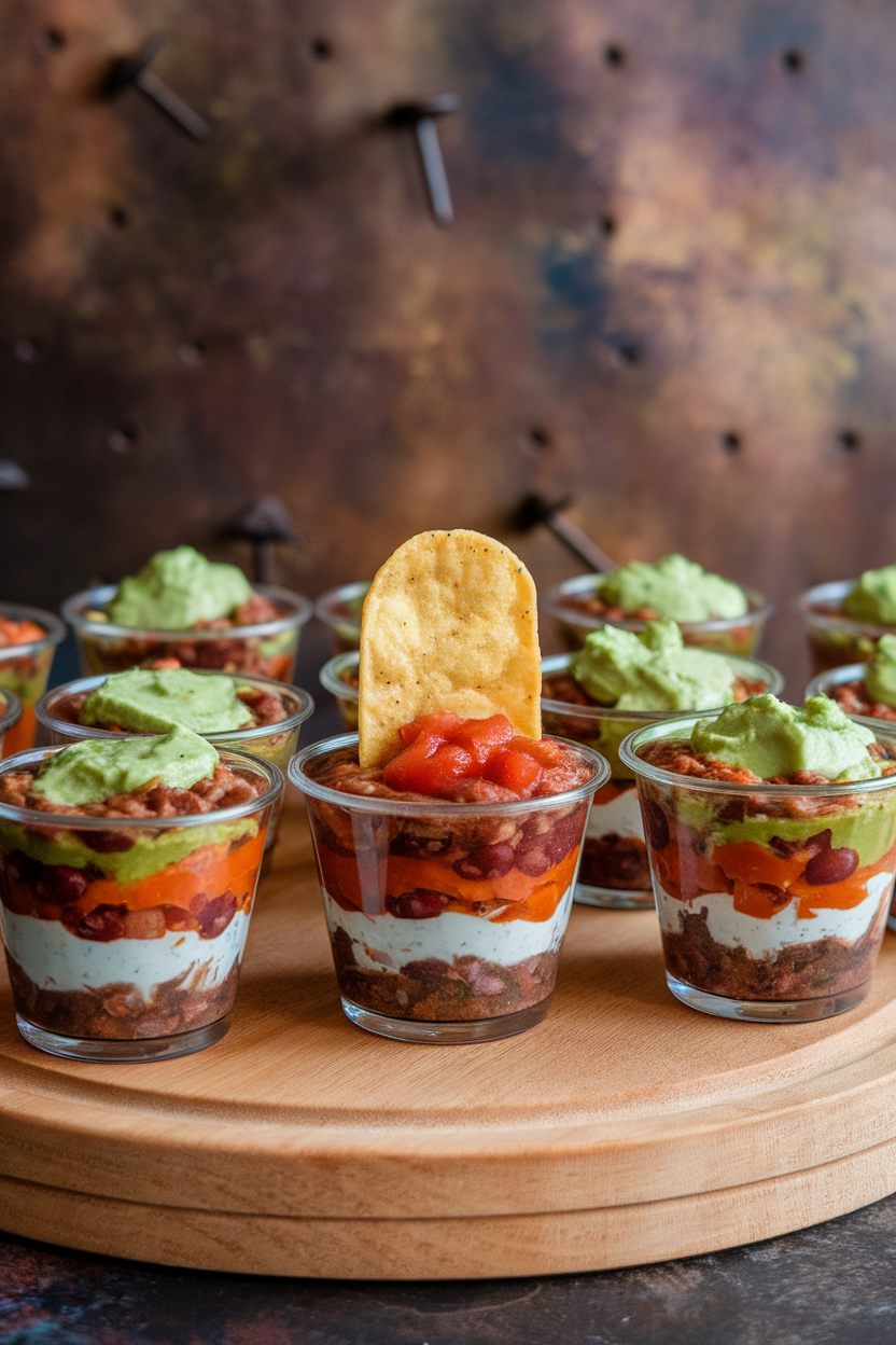 Small clear cups layered with beans, salsa, guacamole, and sour cream “dirt,” topped with tortilla chip tombstones indoors. Photo, no text or logos.