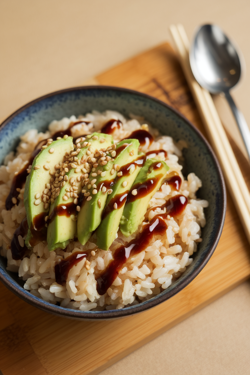Indoor bowl of warm brown rice topped with avocado slices, sesame seeds, and soy drizzle. No text or logos.
