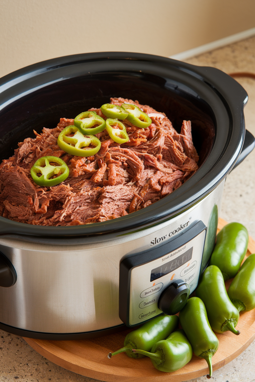 Indoor slow cooker on a counter with tender shredded beef roast topped with pepperoncini slices, no text or logos. Photo.