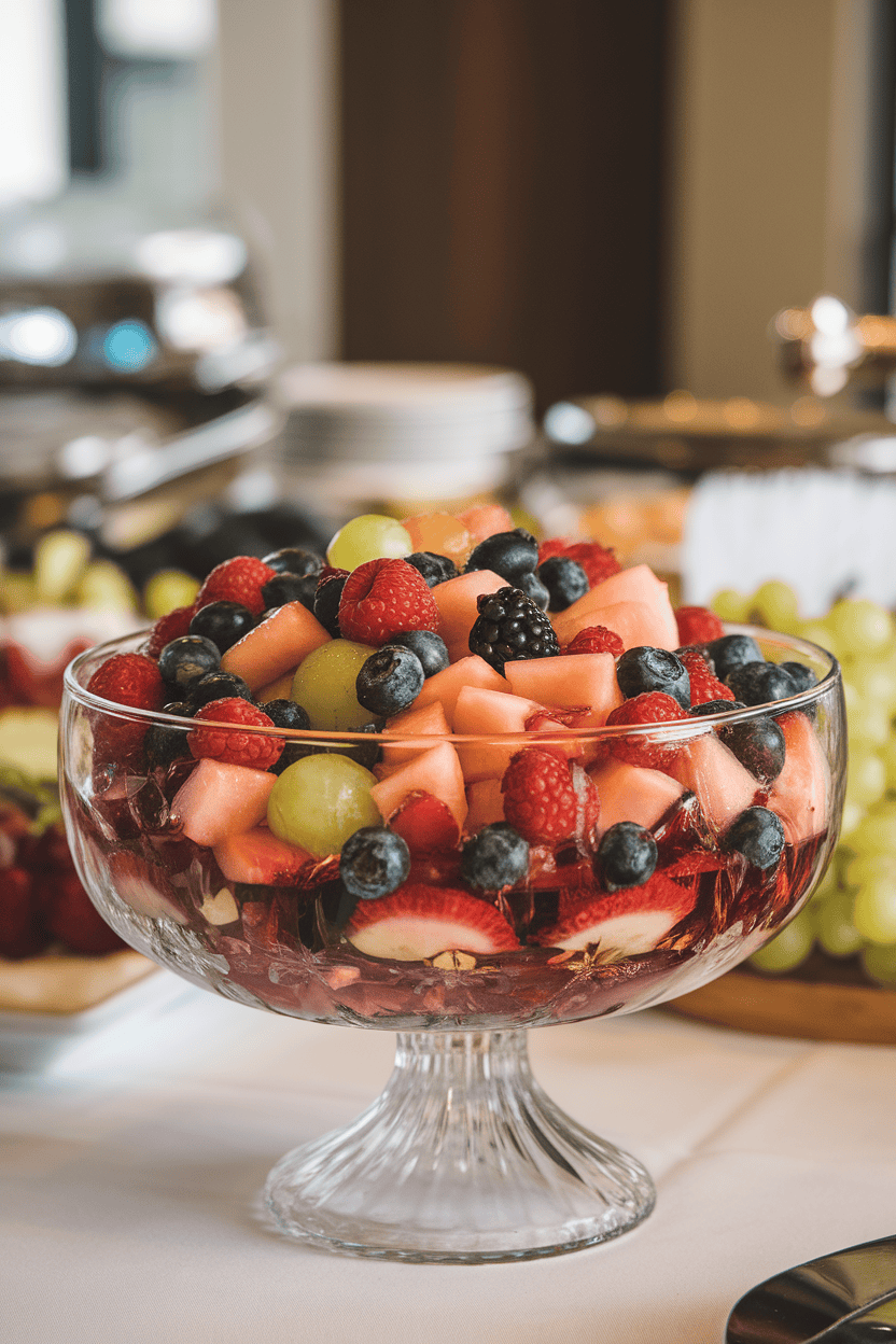 Photo of a clear glass bowl containing mixed berries, melon, and grapes lightly glistening with syrup, indoors on a buffet table. No text or branding present.