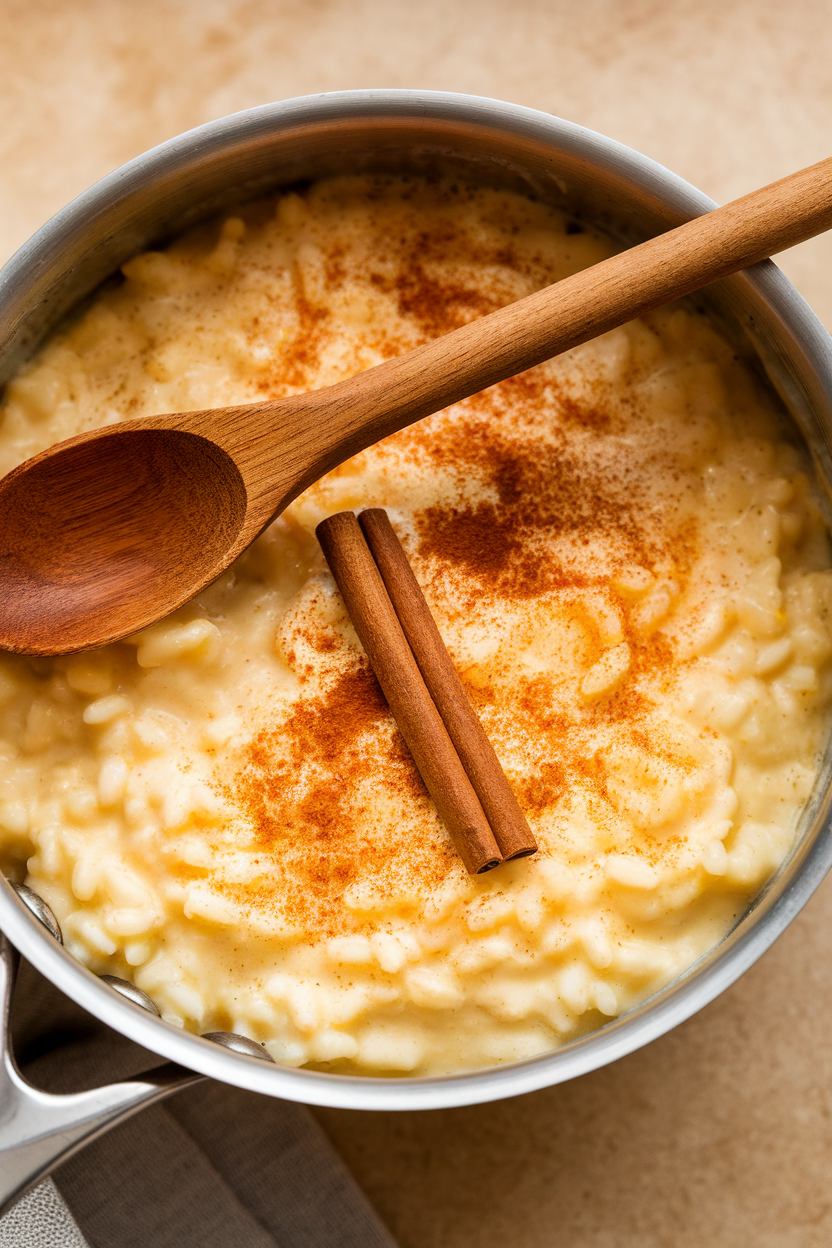 An indoor saucepan filled with creamy orange rice pudding, wooden spoon resting across the rim, cinnamon sticks visible. No text or logos.