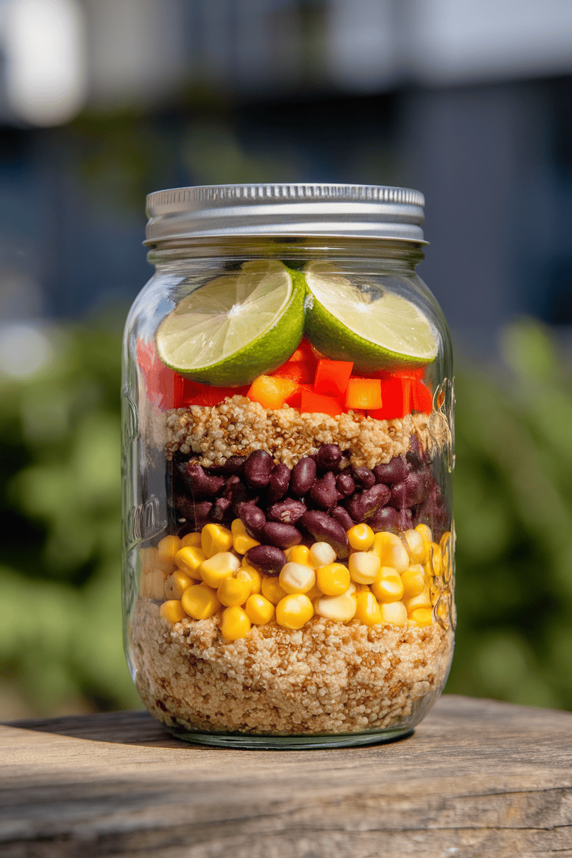 Photo of a mason jar layered with quinoa, black beans, corn, diced bell peppers, and lime wedges, shot indoors, no text or logos.