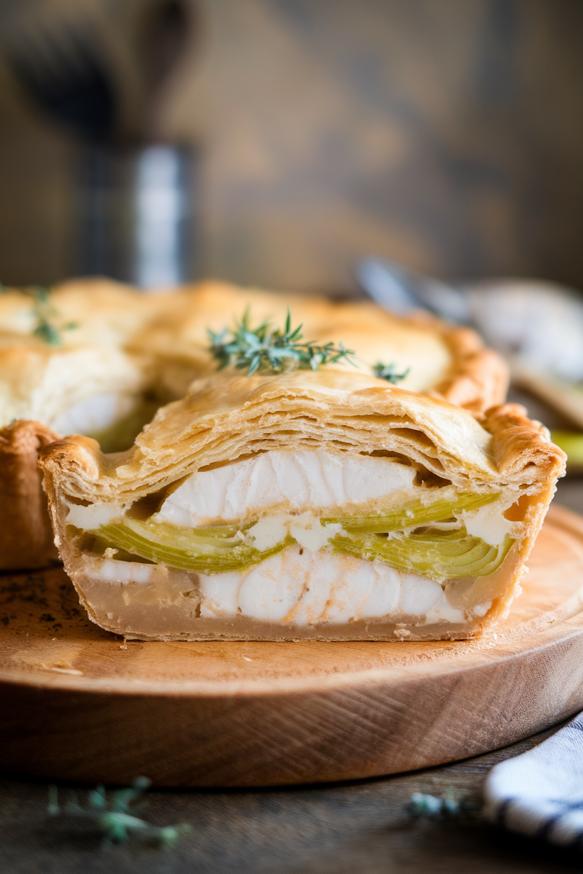 Indoor photo of a sliced pot pie revealing layers of cod, leeks, and cream beneath a flaky crust. No text or logos.